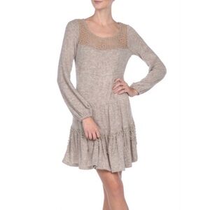A'REVE Beige Knit Crochet Dress Long Sleeve Drop Waist Boho Peasant Ruffle Hem